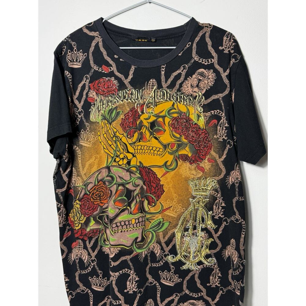 Vtg Christian Audigier Skulls Roses Tee XL Rhinestone Tattoo All Over Print